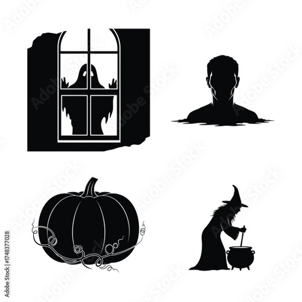 Obraz Vector art of eerie halloween icons featuring a ghost in window, man in water, pumpkin, and witch stirring cauldron for spooky designs