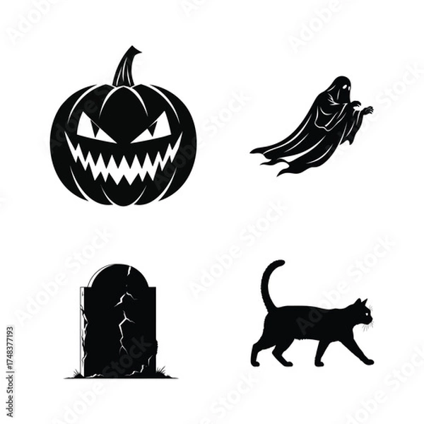 Obraz Vector art of halloween silhouettes pumpkin, ghost, tombstone, and black cat for spooky designs and festive decorations