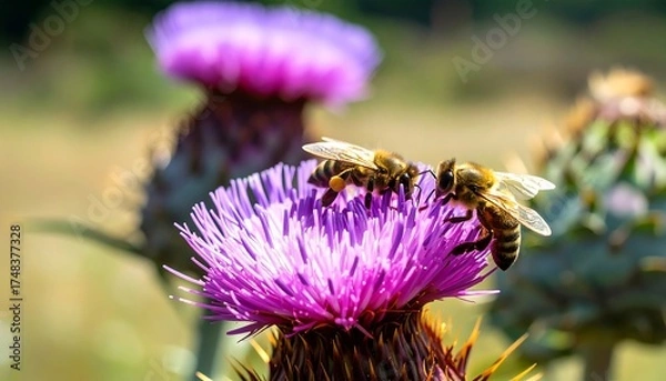 Obraz Two bees on a purple flower