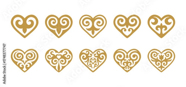 Fototapeta Heart shape decor. Vector Set of different gold ornaments in Kazakh style isolated on a white background. Elements of the national pattern of the ancient nomads