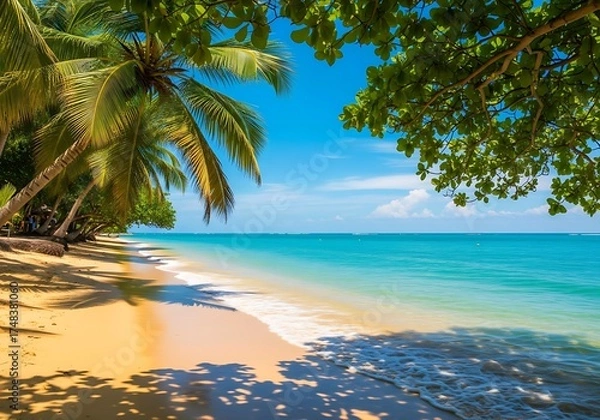 Fototapeta Escape to paradise beach with crystal blue water and palm tree