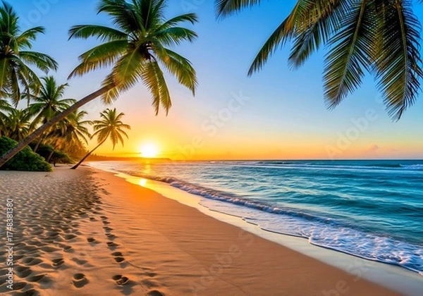 Fototapeta Escape to paradise beach with crystal blue water and palm tree
