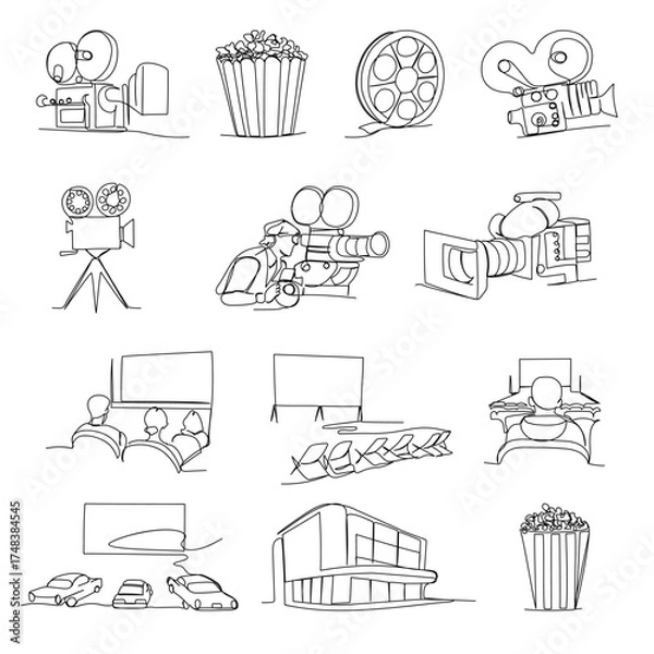 Obraz Cinema one line set on white background. Minimalist outline of retro and modern cinema equipment in linear style