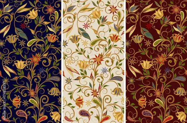Obraz Seamless pattern in ethnic traditional style. Abstract vintage pattern with decorative flowers, leaves and Paisley pattern in Oriental style.