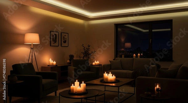 Fototapeta Create a warm cozy ambiance with candles and ambient lighting for a modern interior design project showcasing relaxation and a peaceful lifestyle