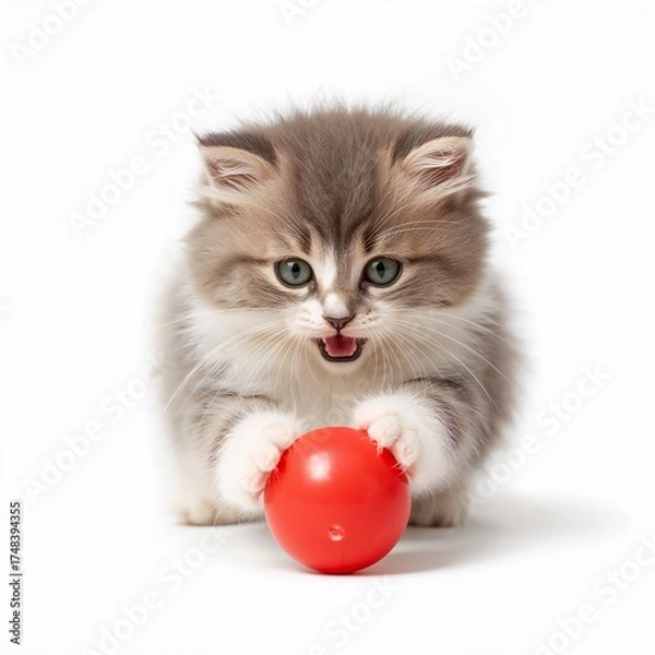 Fototapeta Cute kitten playing with red ball isolated on pure white background