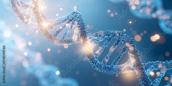 Fototapeta Double helix DNA structure illuminated with glowing particles in a scientific visualization