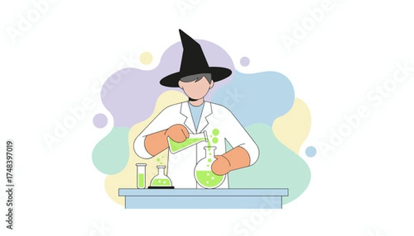 Obraz Whimsical scientist in witch hat conducting experiments with green liquids in laboratory glassware