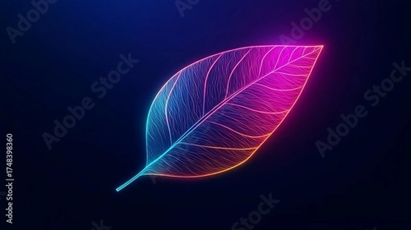 Fototapeta An artistic neon leaf glowing against a dark background. The leaf glows with a captivating array of vibrant colors.