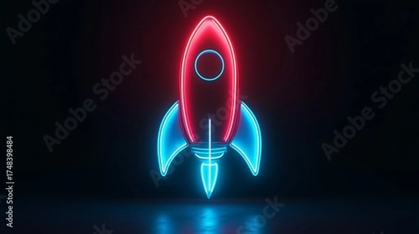 Fototapeta A vibrant neon rocket soaring against a dark backdrop. The rocket's glowing design creates a futuristic and dynamic visual