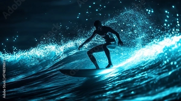 Fototapeta A silhouette of a surfer riding a glowing wave at night, showcasing the beauty of the ocean. The surfer balances on the board amidst the illuminated water