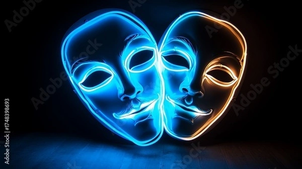 Fototapeta Neon masks glow in the dark, representing duality and performance. The masks are brightly lit with neon lights, conveying themes of theatre and art