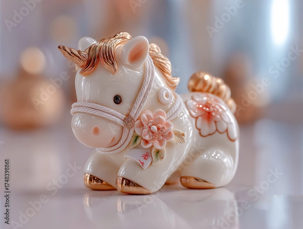 Fototapeta 白い馬の高級な陶器の置き物。午年のお祝い