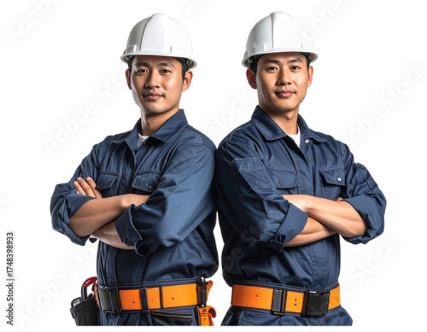 Obraz Two Electrician Workers Standing Back to Back in Uniform, Confident Portrait Isolated on Transparent Background