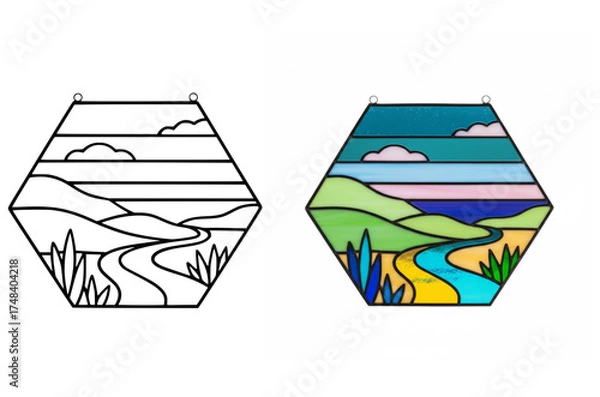 Obraz Hexagon Stained Glass Landscape with River and Hills | Colorful Pastel Nature Suncatcher