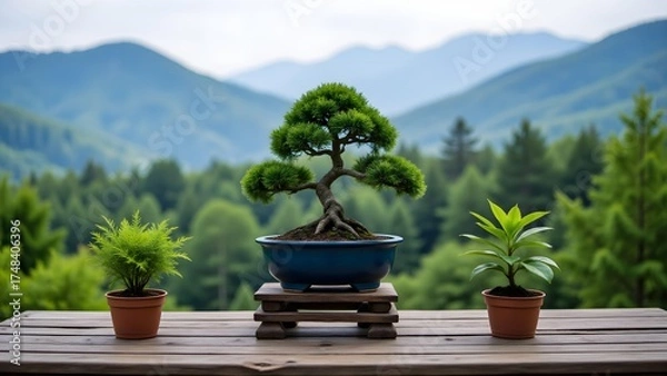Fototapeta Small bonsai scene in front of distant mountains