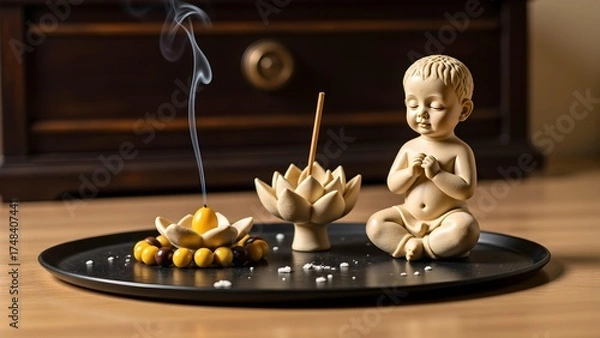 Fototapeta Zen little monk and aromatherapy ornaments