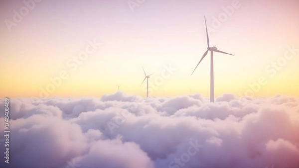 Fototapeta Wind turbine in the sea of ​​clouds