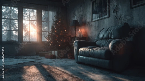 Fototapeta Lonely Christmas celebration in a dimly lit apartment with a small tree and warm glow