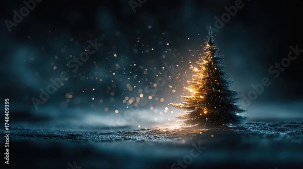Fototapeta Glowing Christmas tree made of light particles symbolizing the solitude of people during the holiday season