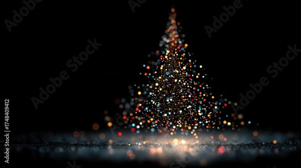 Fototapeta Glowing Christmas tree made of light particles shines brightly in dark surroundings, symbolizing hope for lonely people during the holiday season