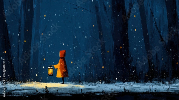 Fototapeta Lonely walk in a snowy forest at night with a lantern