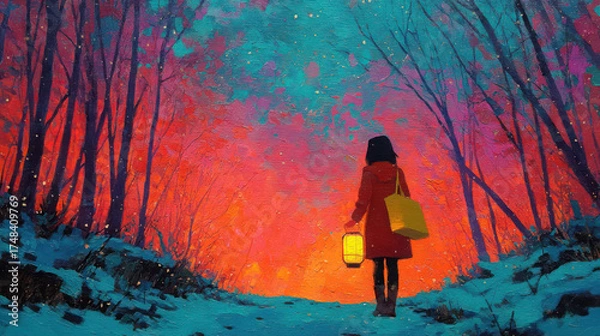 Fototapeta Lonely person walks through a snowy forest at Christmas, holding a lantern under vibrant skies