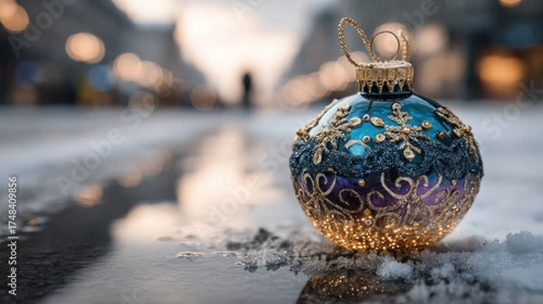 Fototapeta Single Christmas ornament rests on snow as it reflects a quiet winter scene in a city at dusk