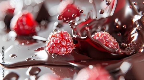 Fototapeta Himbeeren die in flüssige Schokolade fallen.