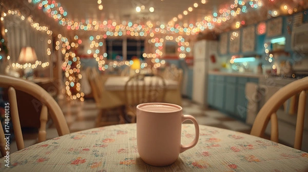 Fototapeta Single cup of hot cocoa on a table surrounded by warm Christmas lights in a cozy kitchen setting