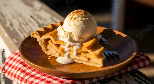 Fototapeta Delectable Apple Pie Served With Vanilla Ice Cream On Wooden Plate And Rustic Background