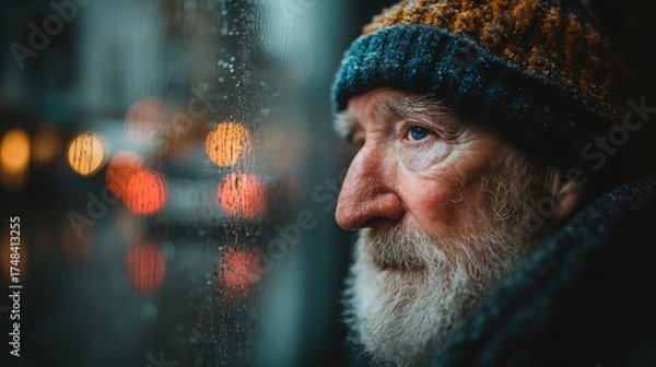 Fototapeta A lonely old man gazes through frosted glass while people pass by during a quiet Christmas time