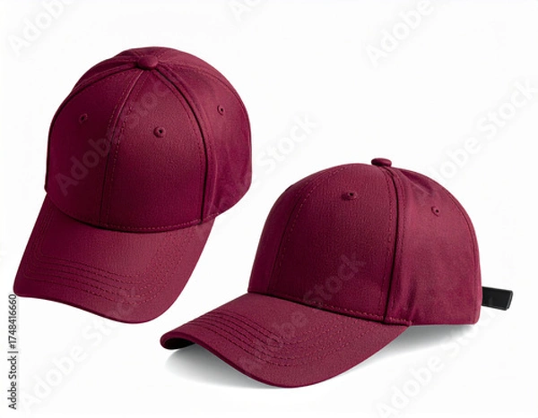 Fototapeta High-quality mockup of a maroon trucker hat showing both front and back views on a clean white background. Perfect for apparel branding, fashion design presentations, or product advertising templates.