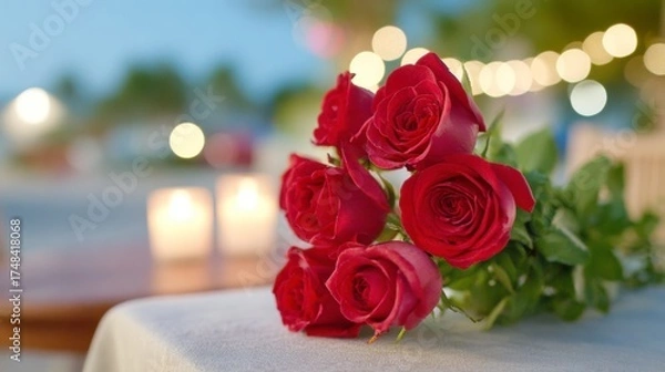 Fototapeta A Stunning Bouquet of Red Roses Amidst Soft Glowing Candles, Creating an Enchanting Evening Atmosphere Perfect for Romance and Celebration