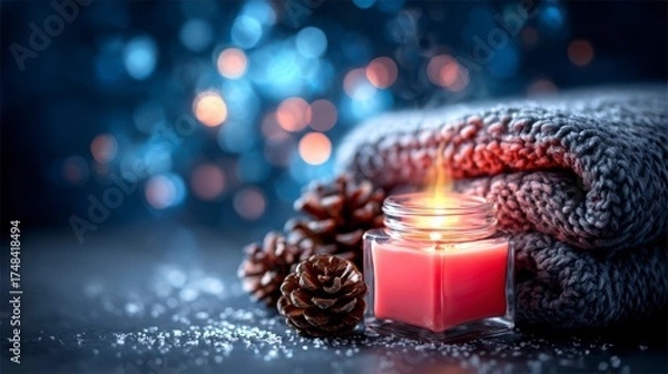 Fototapeta Warm and Cozy Atmosphere Created by a Flickering Candle Surrounded by Soft Textiles, Pinecones, and a Glittering Background of Lights