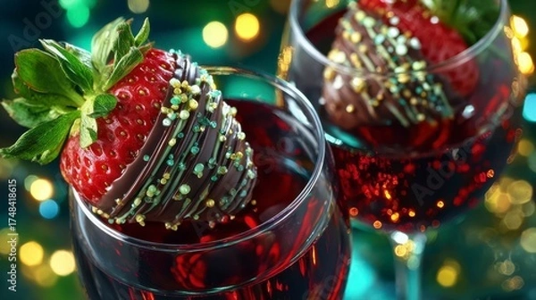 Fototapeta Indulge in a Sweet Sensation: Exquisite Chocolate-Dipped Strawberries Beautifully Arranged on Sparkling Wine Glasses Surrounded by Festive Lights