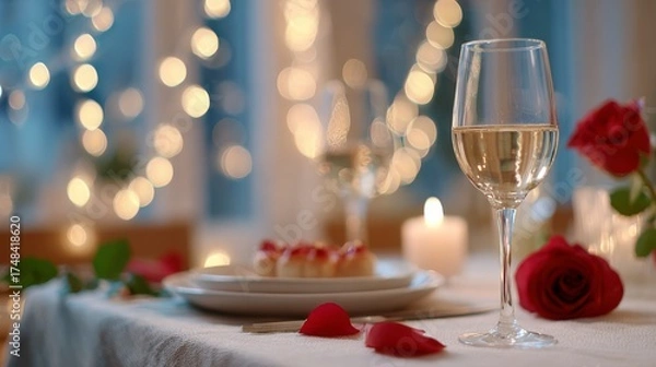 Fototapeta An Elegant Romantic Dinner Setting with a Glass of Wine, Rose Petals, and Soft Candlelight, Perfect for a Special Evening Together
