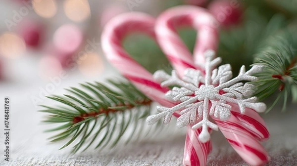 Fototapeta Festive Candy Canes Adorned with a Glittering Snowflake and Evergreen Sprigs Creating a Joyful Holiday Atmosphere