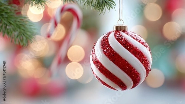 Fototapeta A Festive Red and White Christmas Ornament Hanging from a Pine Branch Surrounded by a Blur of Colorful Holiday Lights