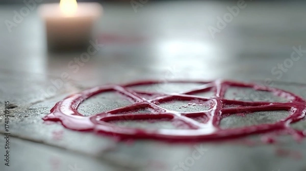 Fototapeta A Mysterious Arrangement of Red Wax in the Shape of a Pentagram with a Candle Flame Flickering in the Background, Evoking Dark Ritualistic Themes
