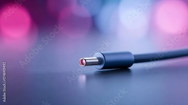 Fototapeta Close-up of a sleek, metallic connector with a blurred, colorful background showcasing modern technology's intricate details and design aesthetic.