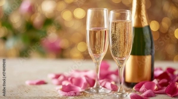 Fototapeta Elegant Celebration with Sparkling Champagne Glasses and Rose Petals, Perfect for Special Occasions and Toasting to New Beginnings