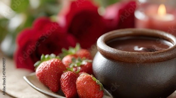 Fototapeta Delicious Strawberries Dipped in Rich Chocolate Surrounded by Elegant Roses Creating a Romantic and Indulgent Atmosphere