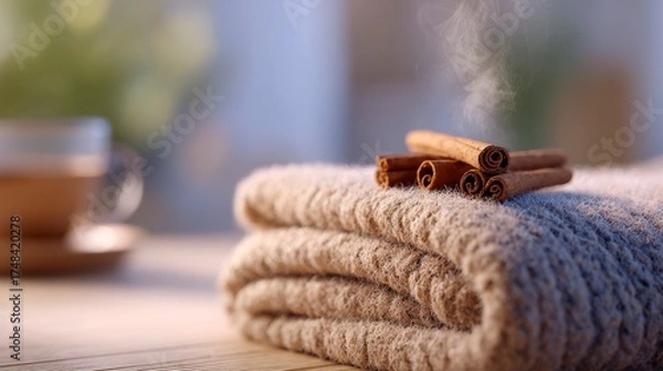 Fototapeta A Cozy Scene Featuring Soft Textiles and Aromatic Cinnamon Sticks, Creating a Warm and Inviting Atmosphere Perfect for Relaxation and Comfort