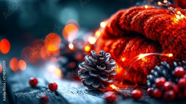 Fototapeta Cozy Knitwear Display with Pinecones and Holiday Lights Creating a Warm Atmosphere for the Winter Season with Beautiful Bokeh Background Effects