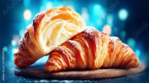 Fototapeta Deliciously Flaky Butter Croissants Resting on a Wooden Board Against a Soft Focus Background of Blue and Bokeh Lights