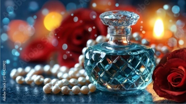 Fototapeta Elegant Vintage Perfume Bottle Surrounded by Roses and Pearls Against a Soft Bokeh Background for a Romantic Atmosphere