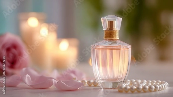 Fototapeta Elegant Glass Perfume Bottle Surrounded by Rose Petals, Candles, and Pearls, Capturing the Essence of Femininity and Luxury in a Soft, Romantic Setting