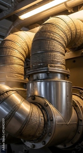 Fototapeta Industrial ventilation system with insulated flexible pipes and metal connectors