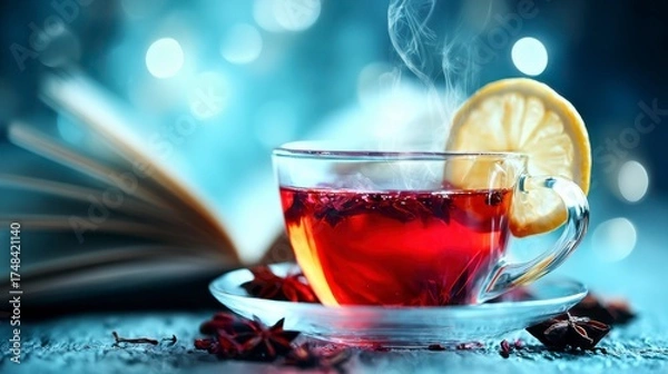 Fototapeta A Warm Cup of Herbal Tea with Lemon: The Comforting Aroma of Relaxation and Reading, Perfectly Captured in This Inviting Scene
